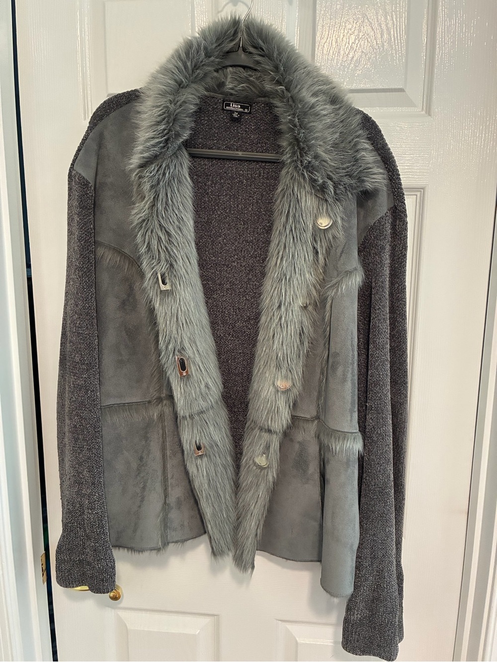 Faux Suede & Fur Teddy Mixed Media Jacket Grey Size 3X by Lisa International